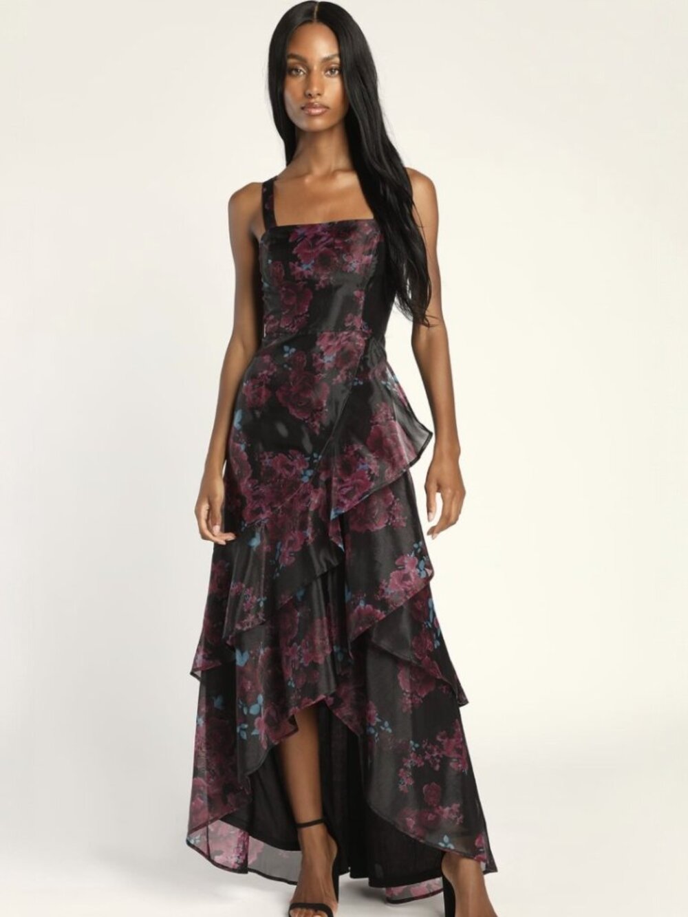 Lulus Extravaganza Energy Black Floral Print Organza High-Low Dress​ NWT